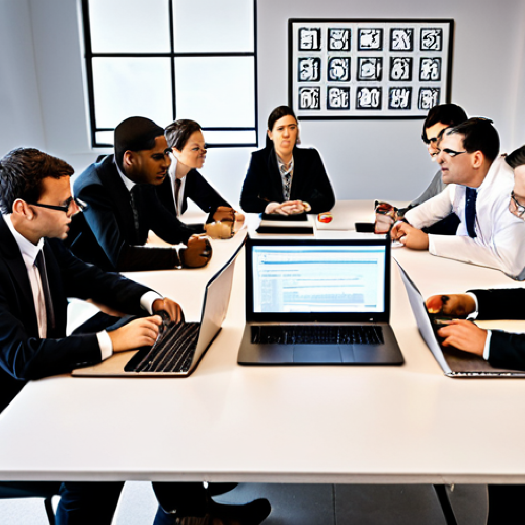 **

A diverse team of developers, ethicists, and lawyers collaborating around a table, discussing ethical guidelines for AI development. The scene emphasizes interdisciplinary cooperation and responsible AI implementation. Include laptops displaying lines of code and ethical frameworks.

**