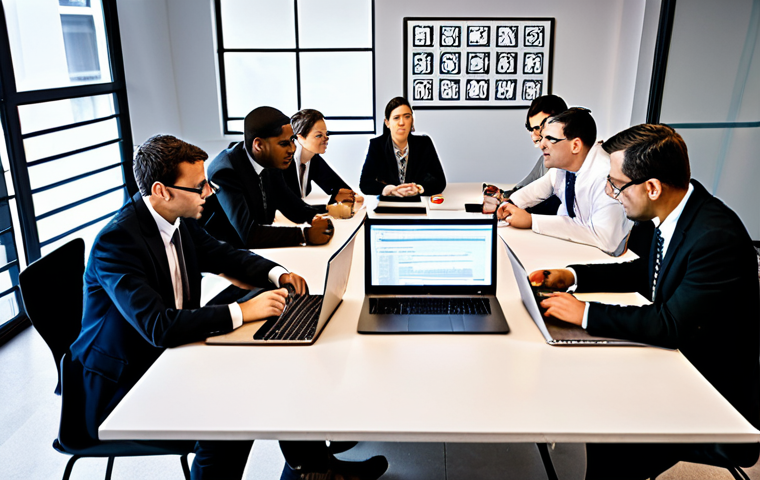 **
A diverse team of developers, ethicists, and lawyers collaborating around a table, discussing ethical guidelines for AI development. The scene emphasizes interdisciplinary cooperation and responsible AI implementation. Include laptops displaying lines of code and ethical frameworks.
**