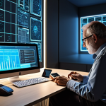 **AI's Dual Influence in Daily Life:** A detailed, photorealistic depiction of a modern European setting, such as a city street or a home office. In the foreground, a person (e.g., a diverse, middle-aged professional) is interacting with a digital device (laptop or smartphone), subtly conveying a financial application or a complex decision. Around them, abstract, glowing digital lines and geometric patterns swirl, representing the invisible algorithms at work. Half of these digital elements are bright and flowing, symbolizing efficiency, convenience, and positive progress (e.g., medical diagnostics, personalized recommendations). The other half are darker, more tangled, or partially obscured, hinting at the 'black box' problem, potential biases, and opaque decision-making. The overall mood conveys both the incredible efficiency and a subtle sense of unease or being constantly evaluated by unseen forces. Emphasize a blend of realism and futuristic abstraction, with dynamic lighting that highlights the contrasting aspects.