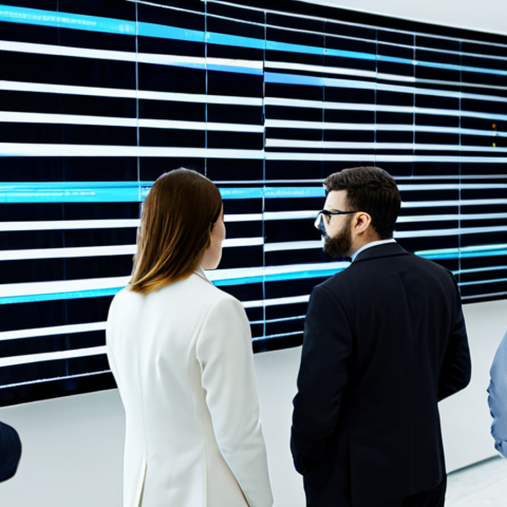 A diverse group of professional data scientists and ethicists in modest business attire, gathered around a large transparent data visualization screen in a sleek, modern data analysis center. The screen displays abstract, flowing data streams, with subtle visual cues suggesting an imbalance or skewed pattern in one section, representing algorithmic bias. The individuals are observing with serious, thoughtful expressions, pointing to the data, indicating a critical analysis. fully clothed, appropriate attire, safe for work, professional, perfect anatomy, correct proportions, natural pose, well-formed hands, proper finger count, natural body proportions, professional photography, high quality.