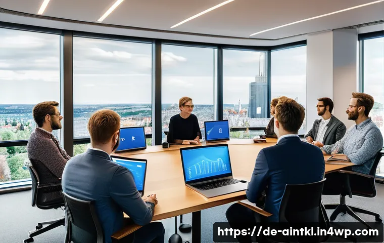 공정한 AI 시스템의 성과 측정 방법 - A professional meeting room setting in a modern German office, featuring a diverse group of AI devel...