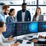 Home 23 AI 시스템의 편향성에 대한 사회적 논의 - A modern office scene showing a diverse team of software developers collaborating on AI algorithms, ...