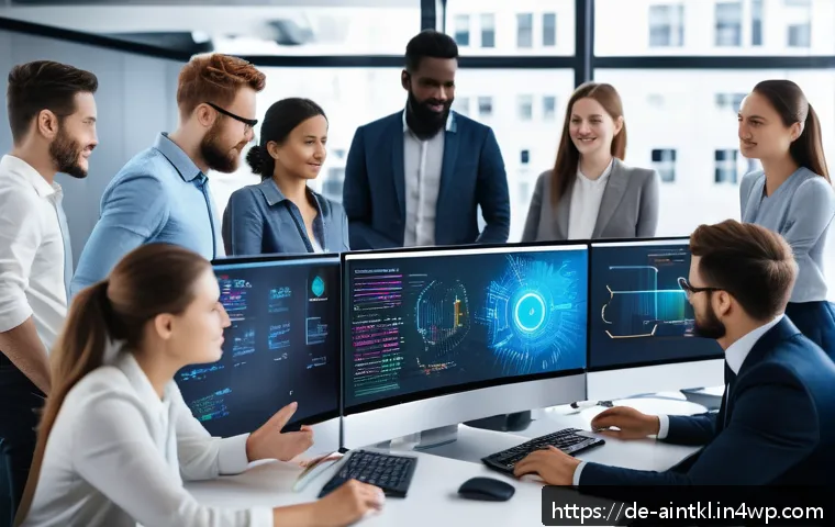 AI 시스템의 편향성에 대한 사회적 논의 - A modern office scene showing a diverse team of software developers collaborating on AI algorithms, ...