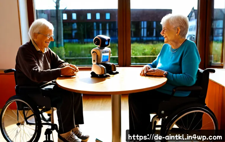Home 17 AI의 사회적 통합과 공정성 - Photorealistic modern German community center, diverse adults including a wheelchair user and an eld...